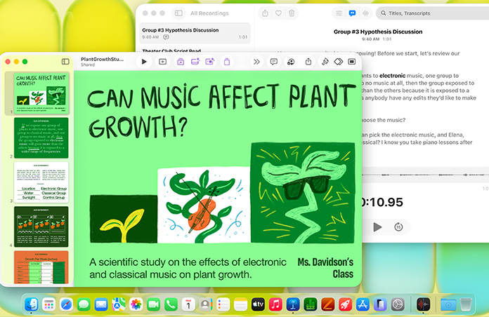 หน้าจอ Mac แสดงงานนำเสนอ Keynote เรื่อง “เพลงสามารถส่งผลต่อการเติบโตของพืชหรือไม่” พร้อมด้วยการถอดเสียงจากแอปเสียงบันทึก พร้อมพยักหน้าเพื่อบ่งบอกความอเนกประสงค์