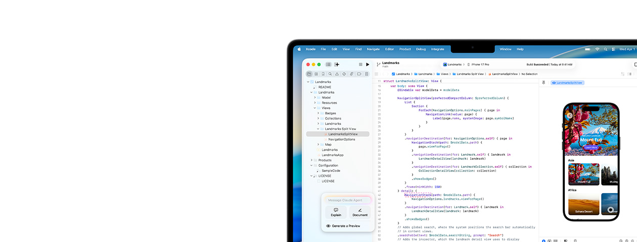 Xcode ที่กำลังทำงานบน Mac พร้อมด้วย Claude Agent ซึ่งเป็น AI ผู้ช่วยเขียนโค้ด และตัวอย่างแอปบน iPhone