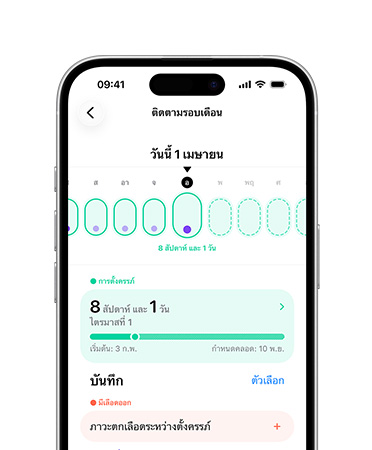 iPhone, การติดตามรอบเดือนในแอปสุขภาพตั้งค่าให้ติดตามหมุดหมายการตั้งครรภ์