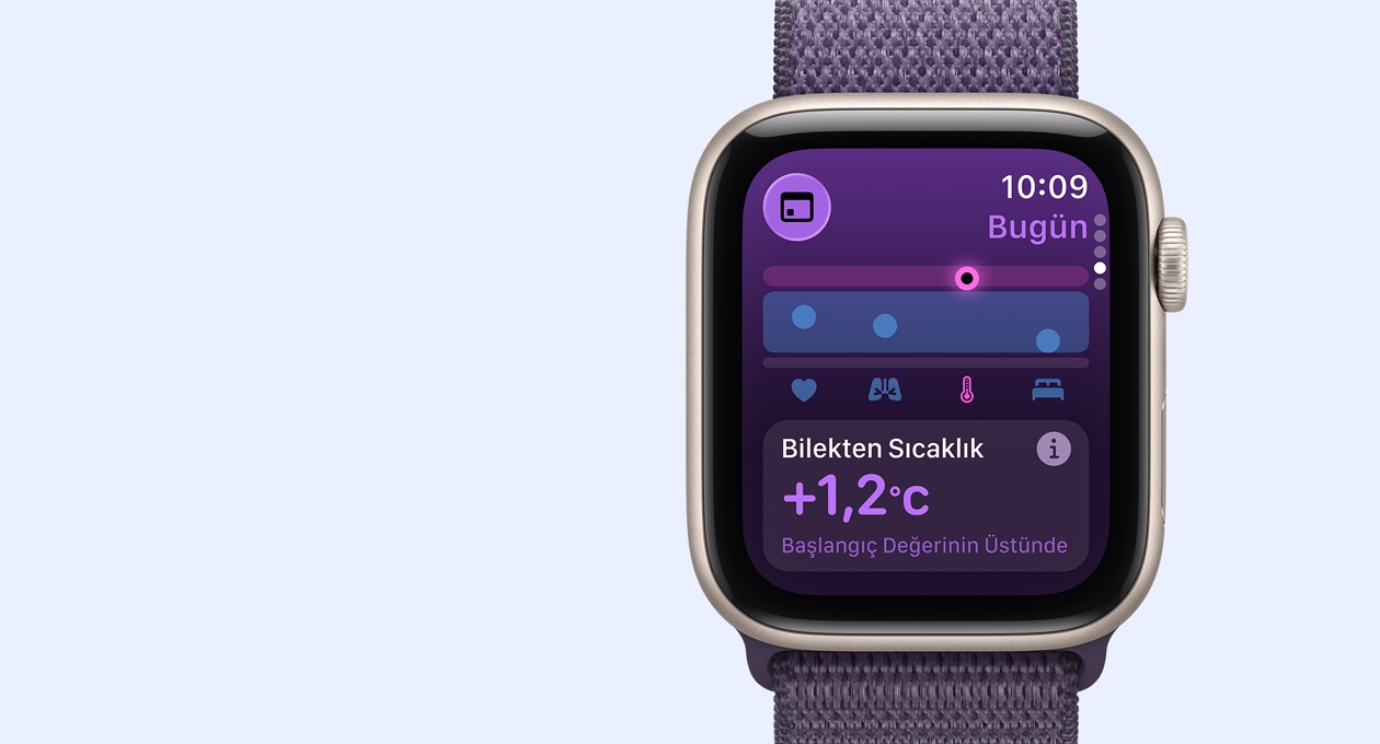 Apple Watch SE 3, alüminyum kasa, yıldız ışığı renk, bilekten sıcaklık ölçümleri, sağ dış görünüm, Digital Crown, kordon, Spor Kordon, sis moru renk