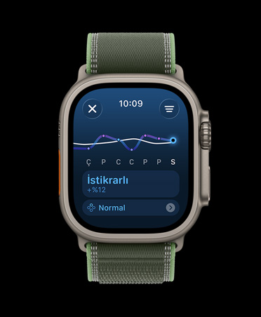 Apple Watch Ultra 3, natürel renk, titanyum kasa, antrenman yükü çizgi grafiği ve takvim, kordon, Trail Loop, yeşil/neon yeşil renk