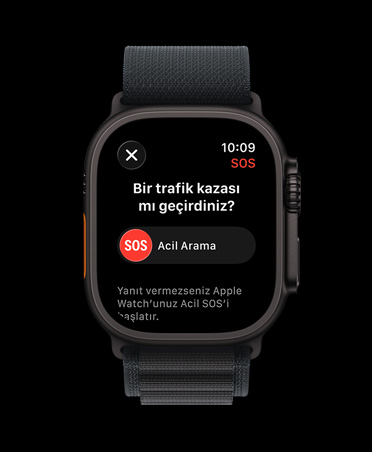 Apple Watch Ultra 3, siyah renk, titanyum kasa, trafik kazası algılama bildirimi, acil durum araması yazısı, Alpine Loop, siyah renk
