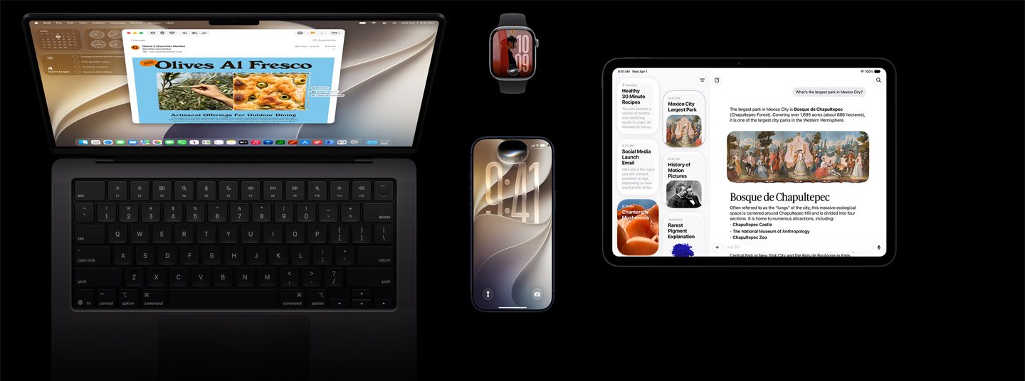 iOS aygıtlarında Siri AI, dört ürün, iPhone 17 Pro Abis, Apple Watch Series 11 42 mm Uzay Grisi, 14 inç MacBook Pro Uzay Siyahı ve 11 inç iPad Pro Uzay Siyahı.