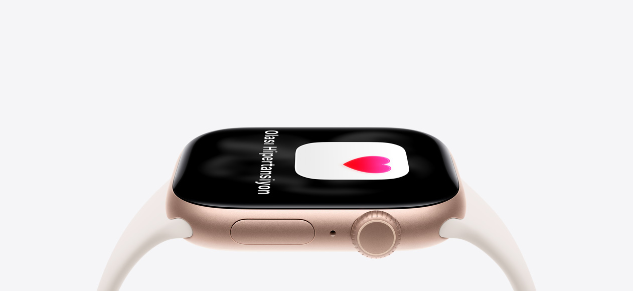 Apple Watch Series 11, roze altın rengi, alüminyum kasa, uyku skoru, sağ dış görünüm, Digital Crown, mikrofon, yan düğme, yıldız ışığı renk Spor Kordon.