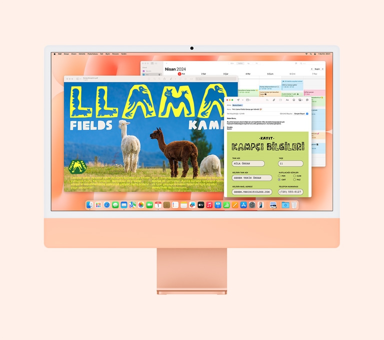 Turuncu iMac: Ekranda Önizleme, Mail ve Takvim uygulamalarının kullanıldığı görülüyor.