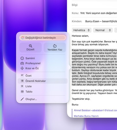Yazma Araçları kullanılıyor, bir mail’de uzun bir paragraf vurgulanıyor, Yazma Araçları menüsünde yanında madde işaretli liste simgesi bulunan Önemli Noktalar seçeneğinin seçili olduğu gösteriliyor