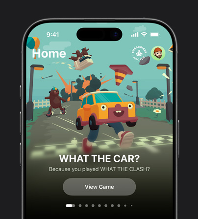 iPhone 17 Pro 上的 Apple Games app，圖片展示首頁標籤頁裡的遊戲推薦