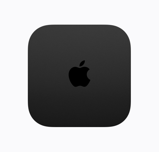 以俯視圖展示黑色 Apple TV 4K，露出黑色亮面 Apple TV 標誌