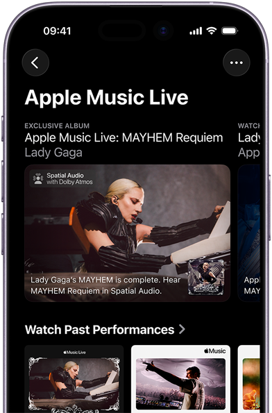 Apple Music Live screen on iPhone showing Watch Now and past performances