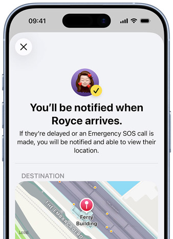 iPhone screen shows a confirmation that a Find My notification has been set up, text reads "You'll be notified when Pedro arrives", map with pinned location sits at bottom of screen