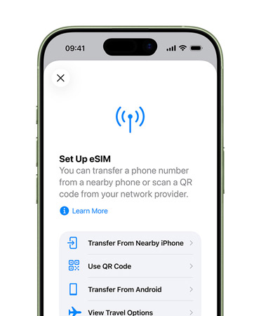 iPhone Air, front exterior, using the Set Up Mobile Service feature to easily transfer a phone number with eSIM