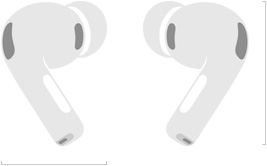 Desenho dos AirPods Pro 3, fones de ouvido sem fio esquerdo e direito, pontas de silicone, microfones com cancelamento de ruído, altura em milímetros, largura em milímetros