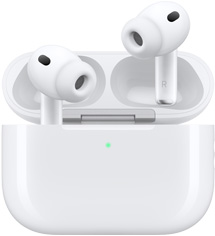白色 AirPods Pro 3 和 MagSafe 充電盒 (USB-C)，展示圓弧狀的充電盒外觀及 LED 電源指示燈，上蓋打開的充電盒裝著無線耳機，並配有矽膠耳塞套，耳機柄內側標有字母 L 和字母 R