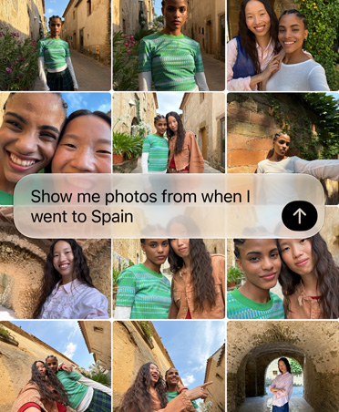 Screen showing query for Siri AI to retrieve recent vacation photos, text of query overlays photo grid