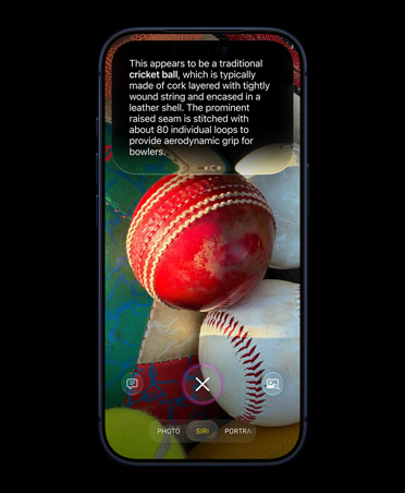 iPhone 17 Pro, Deep Blue, displaying Siri mode in Camera app with a photo of cricket balls and Siri AI response sharing detailed information about cricket balls.