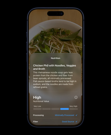 iPhone 17 Pro, Deep Blue, front screen, displays in Siri mode in Camera interface, showing nutrition facts about a food item identified with Visual Intelligence, screen shows detailed information about chicken phở, including common ingredients and nutrition information