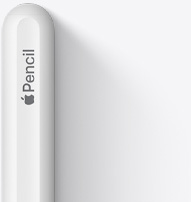 Pohled na horní část Apple Pencilu 2. generace se zaobleným koncem, logem Apple a nápisem Pencil.