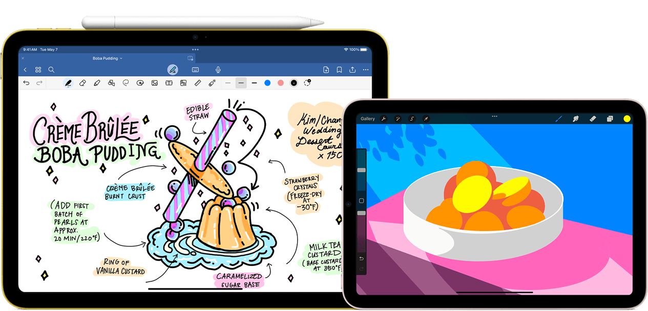 Vlevo je iPad otočení na šířku s Apple Pencilem USB‑C přichyceným shora. Na displeji je kresba s ručně psanými poznámkami.