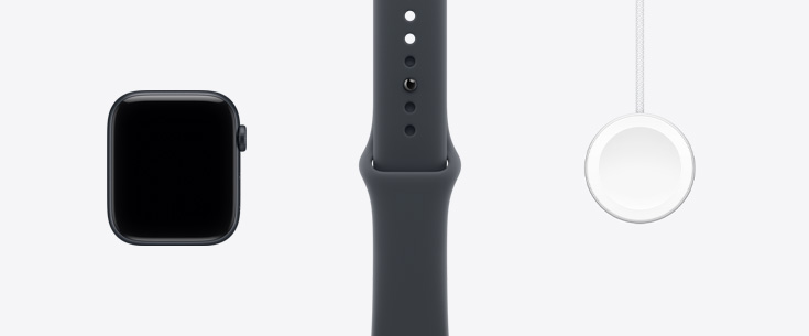 Apple Watch SE 3, caja de aluminio, color medianoche, parte frontal, pantalla con diseño de borde a borde, correa deportiva color medianoche, cable de carga magnética rápida con conector USB-C para el Apple Watch