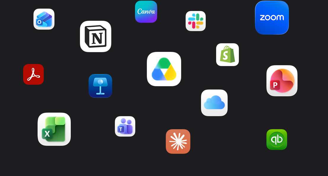 Appsymbolen verspreid over een donkere achtergrond: Microsoft Teams, Microsoft Excel, Canva, Shopify, Microsoft PowerPoint, Claude, Zoom, Notion, Keynote, Slack, Salesforce, Quickbooks, Google Drive, Acrobat Reader, Microsoft Outlook
