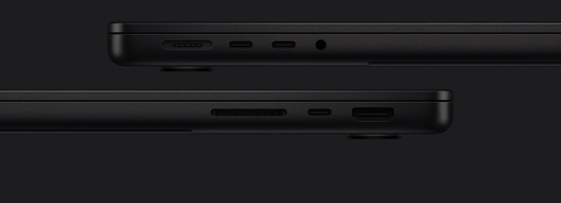 Puertos de la MacBook Pro: lado izquierdo, MagSafe, dos puertos Thunderbolt, entrada para audífonos; lado derecho, SDXC, puerto Thunderbolt y HDMI