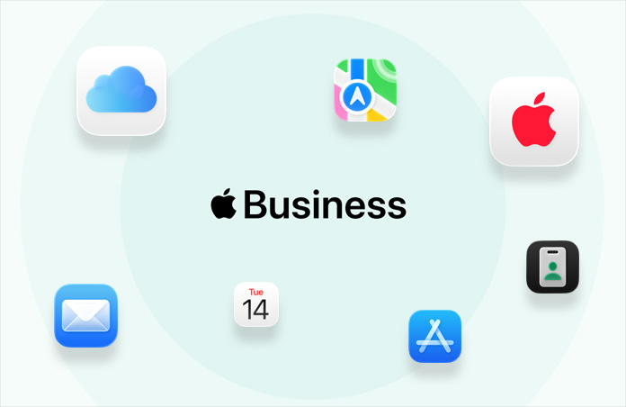 Apple Business, omgeven door appsymbolen: iCloud, Kaarten, AppleCare, Mail, Agenda, App Store, Apple Business-app