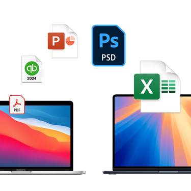 Vista frontal de dois MacBook lado a lado com diferentes fundos coloridos da secretária. Os ícones de ficheiro são apresentados num arco acima dos MacBook. Os ícones de ficheiro incluem um ficheiro Acrobat, ficheiro Quickbooks, ficheiro PowerPoint, ficheiro Photoshop, ficheiro Excel.