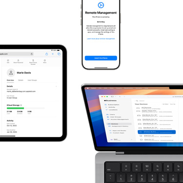 iPad, iPhone e MacBook, todos com vários componentes do Apple Business Manager.