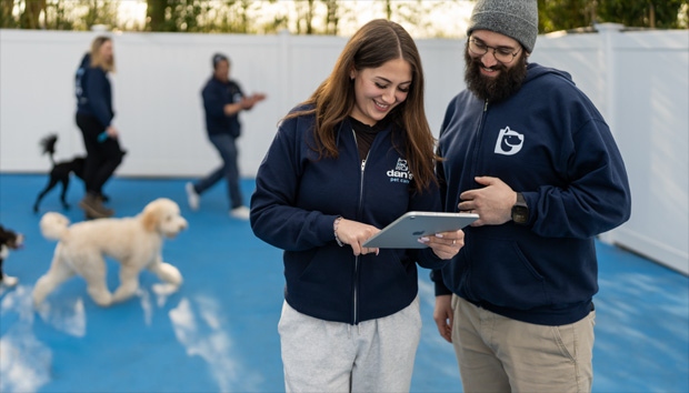 Dos personas paradas una al lado de la otra, ambas interactuando con un iPad, mientras en el fondo hay otras dos personas y unos perros.