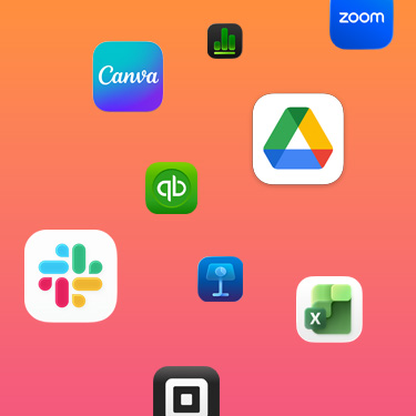 أيقونات لتطبيقات الإنتاجية تشمل Slack وCanva وGoogle&nbsp;Workspace وZoom وQuickbooks وKeynote وExcel وSquare وNumbers على خلفية غنية بالألوان.