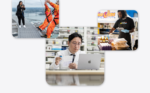 Imágenes de varias pymes, con un farmacéutico en bata de laboratorio interactuando con una MacBook, una instructora de bungee jumping fotografiando con un iPhone a dos personas que están por saltar y un hombre sosteniendo un iPad mientras manipula alimentos.