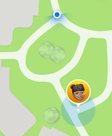 Maps interface with a blue dot indicating the parent or guardian's location along with a child's Memoji, indicating the child's location.