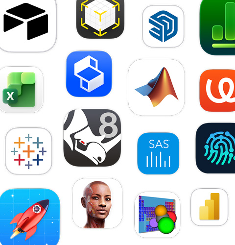An array of STEM app icons, including Shapr3D, MATLAB, uMake, and Tableau.