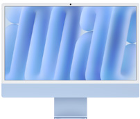 iMac, front view, blue, camera at top center, displaying blue abstract wallpaper.