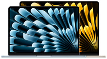 MacBook Air laptops, smaller one in front of larger one, open, vibrant wallpapers with blue and yellow abstract design.