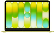 MacBook Neo, open, displaying colorful gradient background with vertical stripes in shades of green, yellow, and blue.