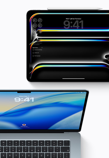 iPad, top view, screen shows time and widgets, MacBook, front view, blue gradient wallpaper.