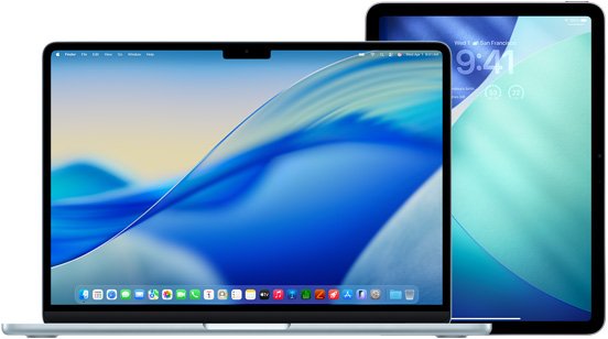 MacBook on left, iPad on right, screens displaying similar blue and green wallpaper.
