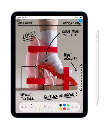 A bright shoe design photo on iPad with Apple Pencil, showing the Markup tool used to annotate notes and ideas