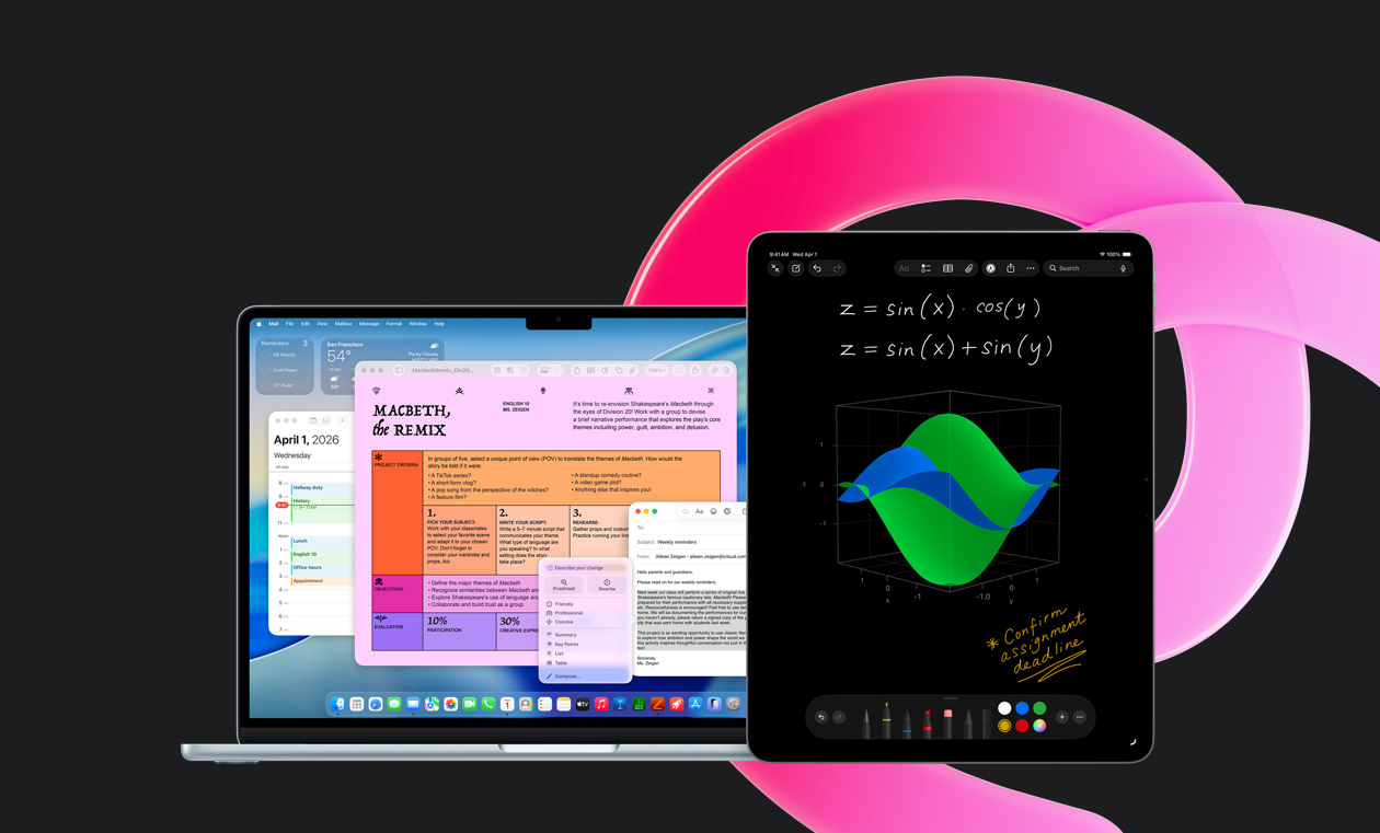 MacBook Air shows Pages, Calendar, Alert, and Mail alongside an iPad that shows handwritten equations in Math Notes, demonstrating productivity with built-in apps