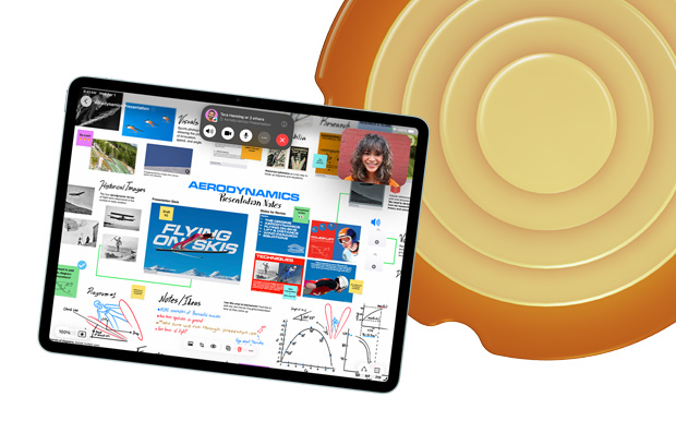 iPad 的正面圖，顯示著 Freeform 中的各種主題和圖畫，包括「Aerodynamics」和「Flying on Skis」