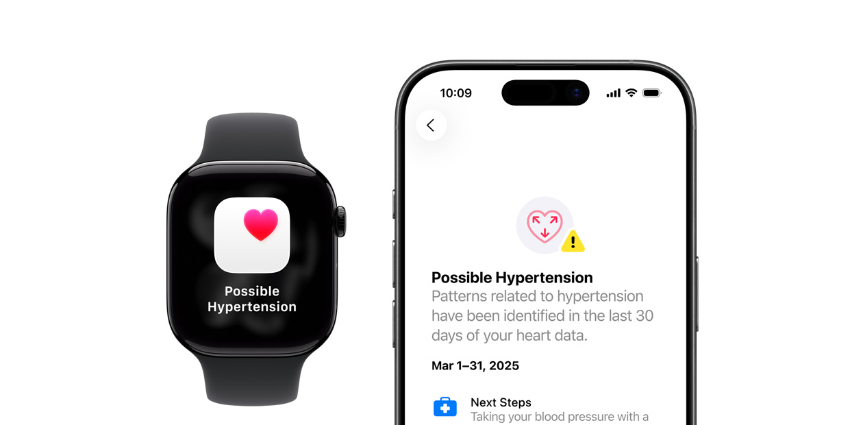Een Apple Watch en iPhone met meldingen van mogelijke hypertensie.