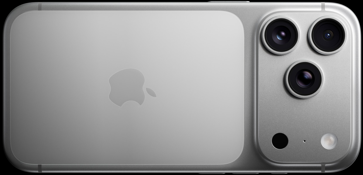 iPhone 17 Pro, สีเงิน, ภายนอกด้านหลัง, ระบบกล้องระดับโปร, เลนส์ 3 ตัว, ไมโครโฟน, แฟลช