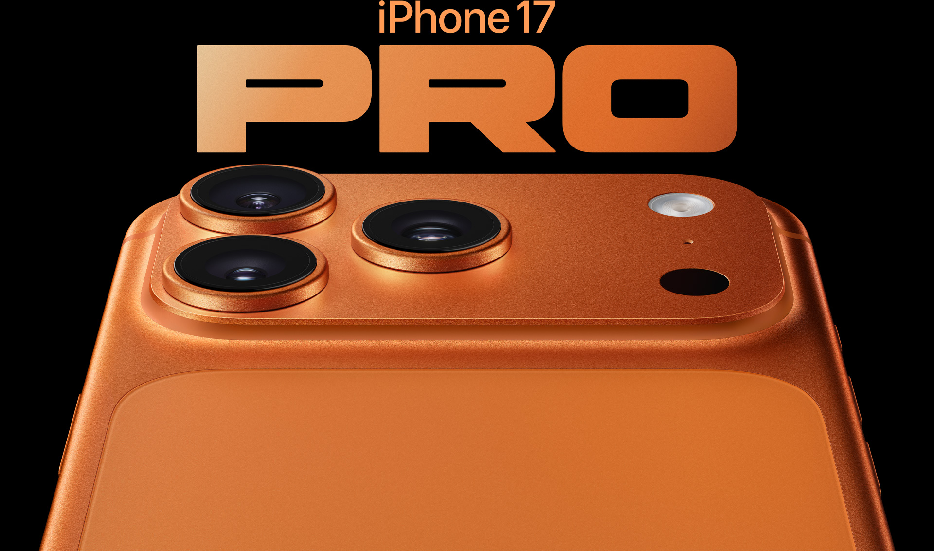 iPhone 17 Pro, สีส้มคอสมิก, ภายนอกด้านหลังบางส่วน, ระบบกล้อง Pro Fusion ที่มุมบนซ้าย, เลนส์ 3 ตัว, ไมโครโฟน, แฟลช