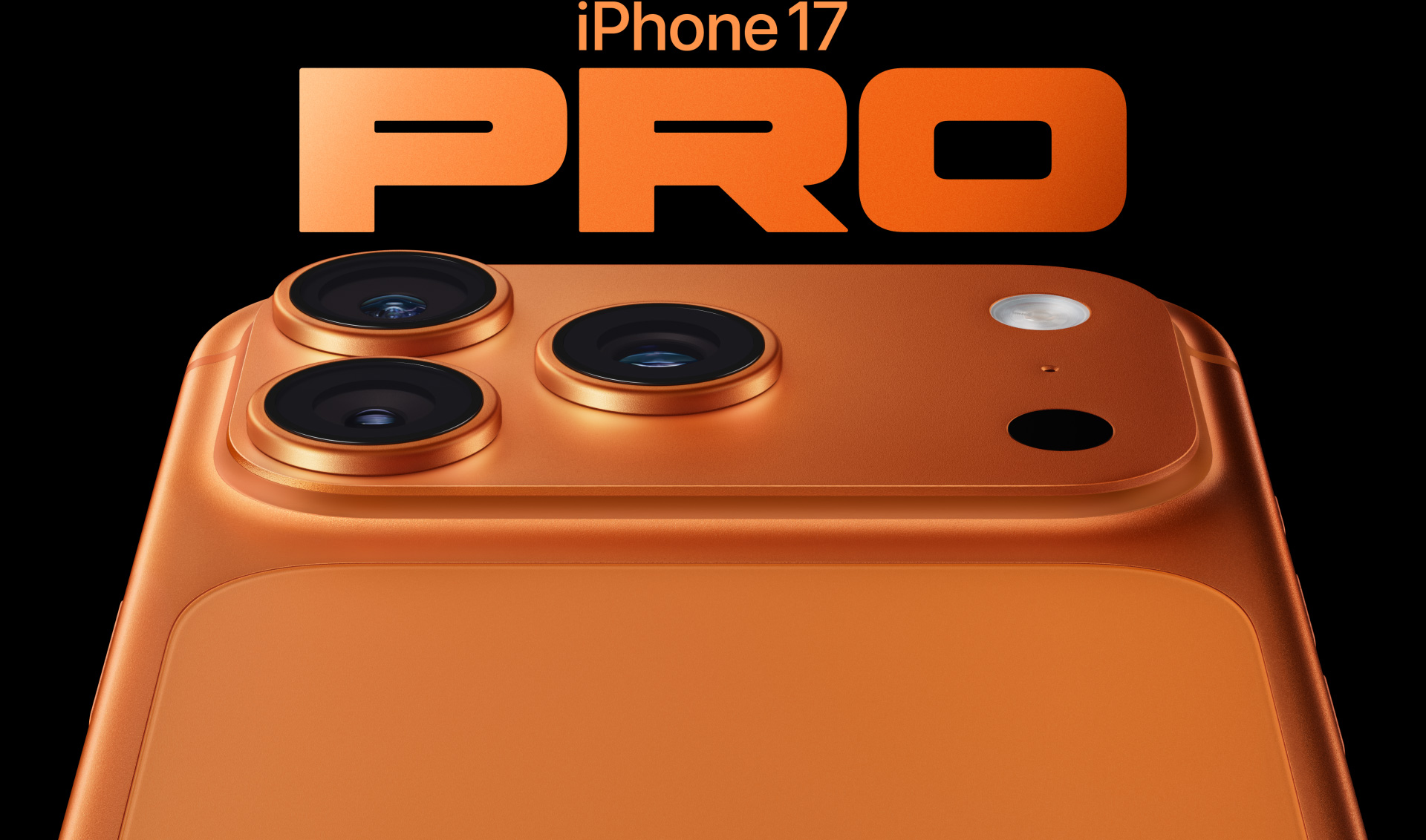 iPhone 17 Pro, สีส้มคอสมิก, ภายนอกด้านหลังบางส่วน, ระบบกล้องระดับโปรที่มุมบนซ้าย, เลนส์ 3 ตัว, ไมโครโฟน, แฟลช