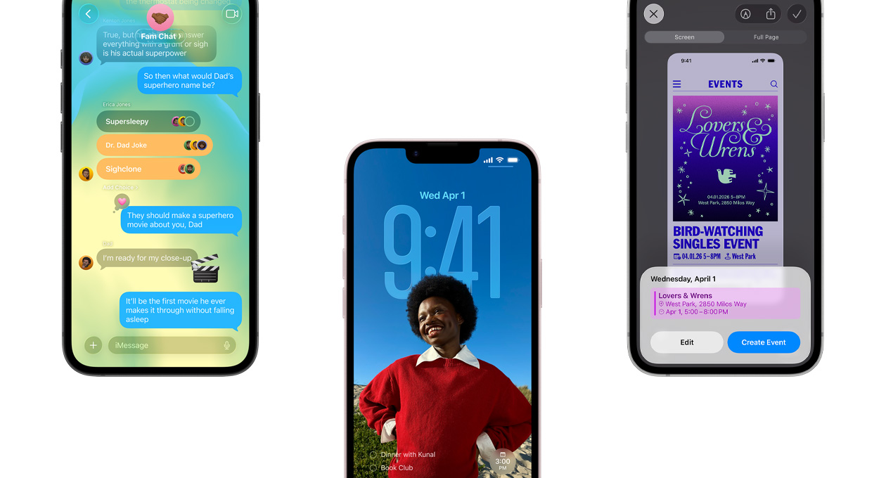 Trois iPhone 17e, face avant, affichant l’app Messages avec le design Liquid Glass, l’écran verrouillé dynamique et la fonctionnalité Capture d’écran en cours d’utilisation pour ajouter un évènement au Calendrier