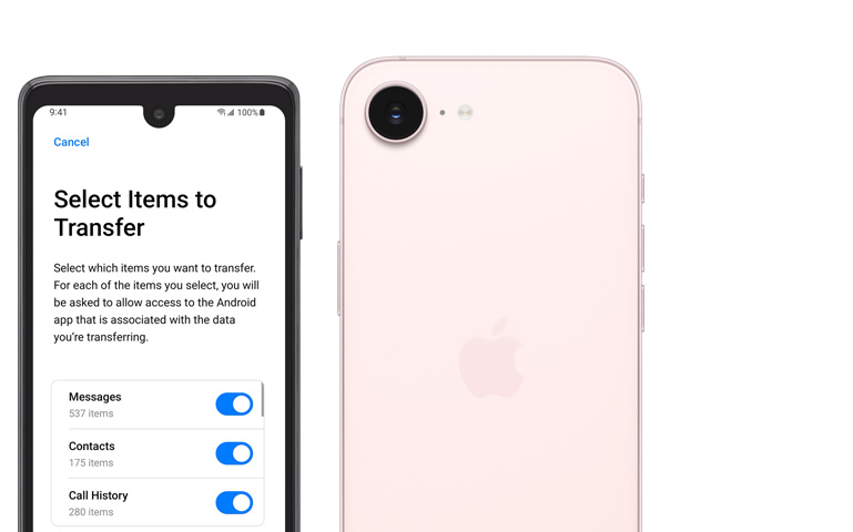 裝置並排擺放，Android 螢幕展示「轉移至 iOS」app；淺粉紅色 iPhone 17e 機身背面，展示融合相機