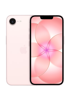 iPhone 17e, parte posterior, color rosa pálido, cámara Fusion en la esquina superior izquierda, logo de Apple en el centro, parte frontal, color rosa pálido, diseño todo pantalla