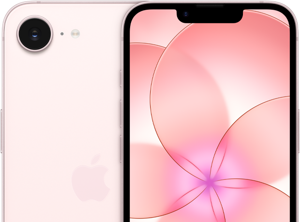 iPhone 17e, parte frontal, color rosa pálido, vista parcial de la parte posterior de un iPhone 17e que muestra la cámara