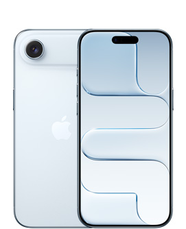 Gök Mavisi iPhone Air’in arkadan dış görünümü, üst kısımda Fusion kamera sistemi, ortada Apple logosu, Gök Mavisi iPhone Air’in önden dış görünümü, Dynamic Island tepede ortalanmış